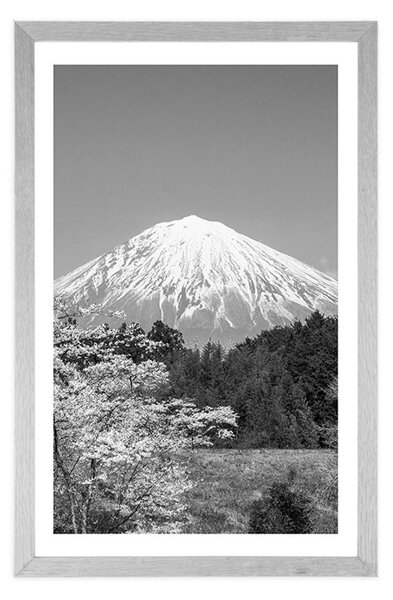 Plakát s paspartou hora Fuji v černobílém provedení