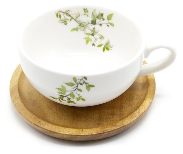 Porcelánový espresso šálek Easy Life Natura, bílý, s akáciovým podšálkem, motiv sakury, 120 ml