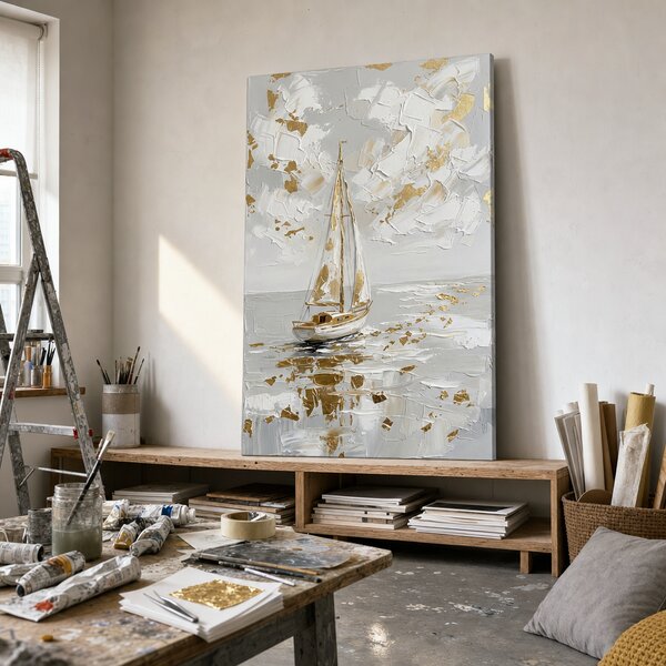 Obraz plachetnice na moři na plátně – s ručně malovanými detaily - 40x60 cm