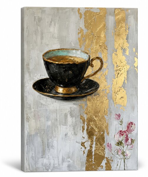 Obraz šálky kávy na plátně s ručně malovanými detaily - 40x60 cm