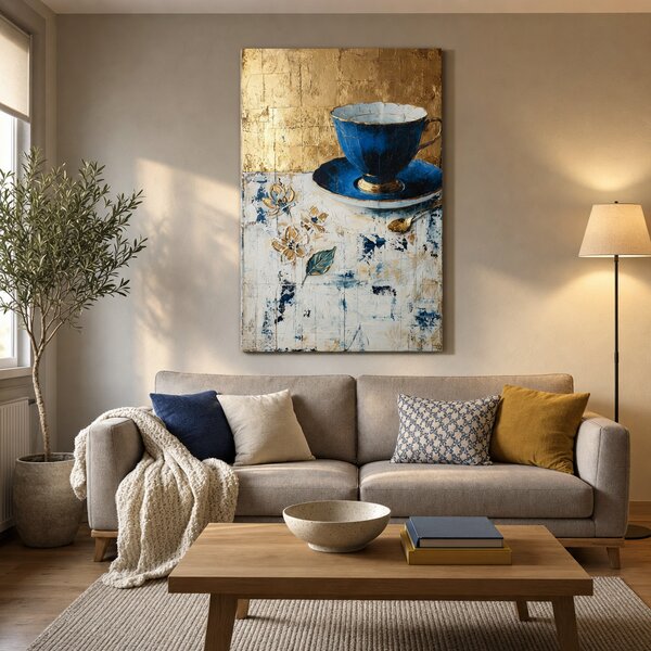Obraz modrého čajového šálku se zlatými detaily na plátně - 40x60 cm