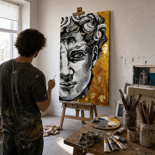 Obraz antické sochy Davida na plátně s ručně malovanými detaily - 40x80 cm