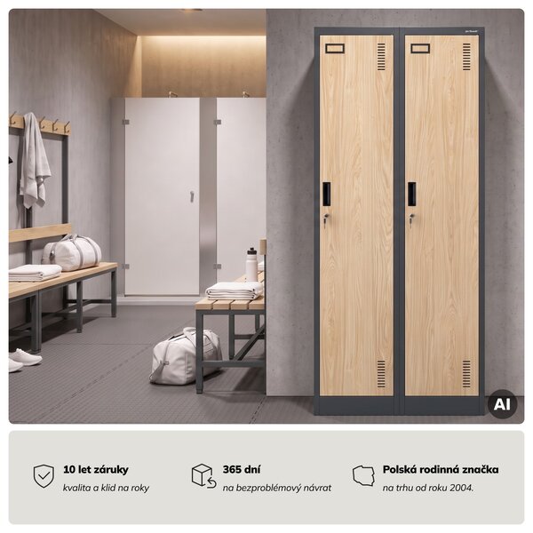 Zaměstnanecká skříňka čtyřkomorová antracitová/dub sonoma, 800x1800x500 mm: KACPER Eco Design