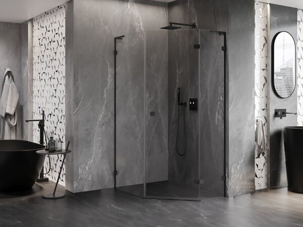 Mexen Lunar, L pravý výklopný pětiúhelníkový sprchový kout 80 x 90 cm, 8mm čiré sklo, černý profil, 831L-080P-090L-70-00-P