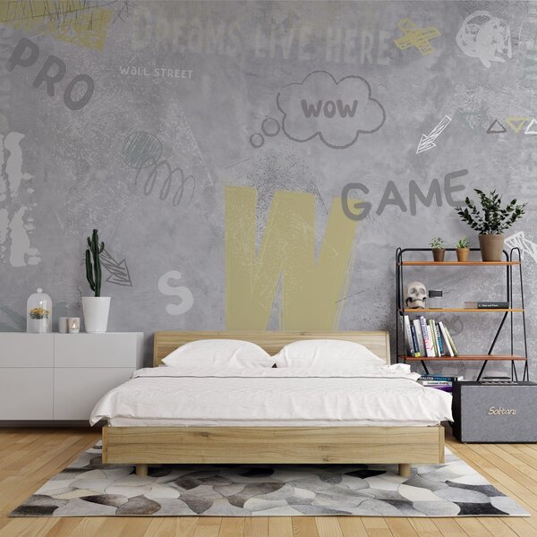 Fototapety Design ve stylu street artu s nápisy žluté barvy na pozadí betonové zdi, Fototapety teen room, w04056 : uwalls.cz