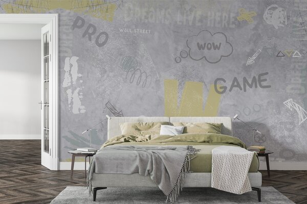 Fototapety Design ve stylu street artu s nápisy žluté barvy na pozadí betonové zdi, Fototapety teen room, w04056 : uwalls.cz
