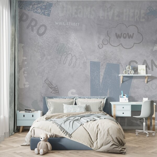 Fototapety Design ve stylu street artu s modrými nápisy na, Fototapety teen room, Fototapety pro dospívajícího chlapce, w04056v1 : uwalls.cz