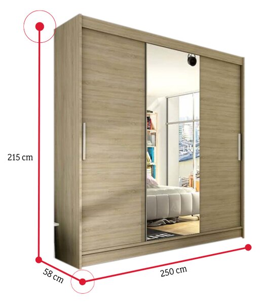 Posuvná šatní skříň LUKAS se zrcadlem, 250x215x58, Sonoma