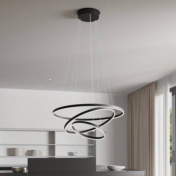 Arcchio Závěsné svítidlo LED Albiona, černé, 3 kruhy, Ø 80 cm, stmívatelný, Černá, kov, Moderní