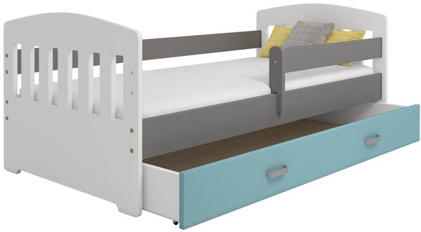 Dětská postel Miki 80x160 B6, bílá/šedá/modrá + rošt, matrace, úložný prostor