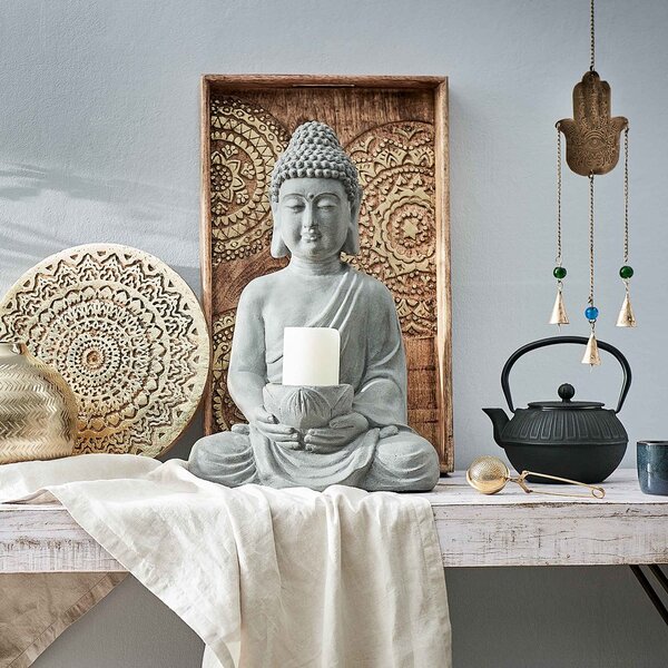 BUDDHA Socha sedícího Buddhy s táckem na svíčku