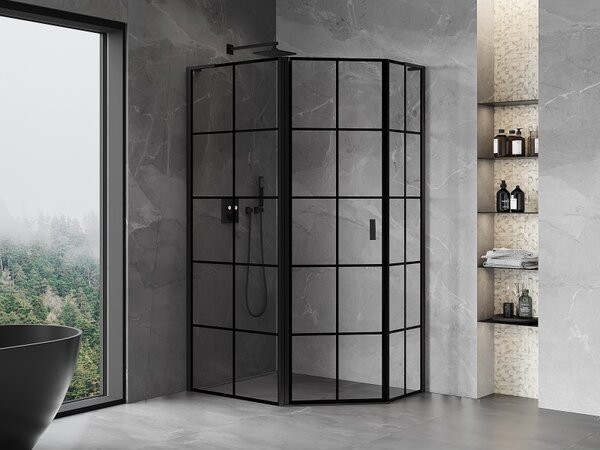Mexen Mist L, pětiúhelníkový sprchový kout s křídlovými dveřmi, 100 x 80 cm, 8mm čiré sklo, černý profil, 8A8L-100-080-70-77-L