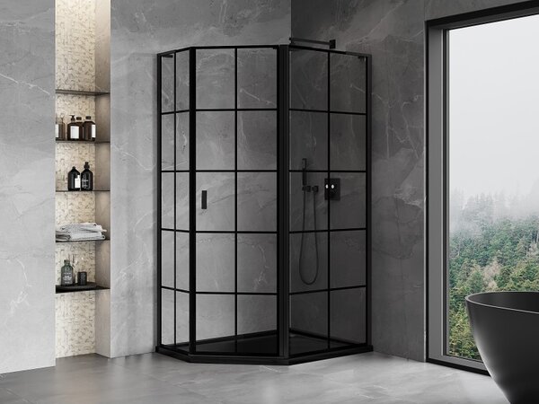 Mexen Mist L, pětiúhelníkový sprchový kout s křídlovými dveřmi, 100 x 80 cm, 8mm čiré sklo, černý profil, 8A8L-100-080-70-77-P