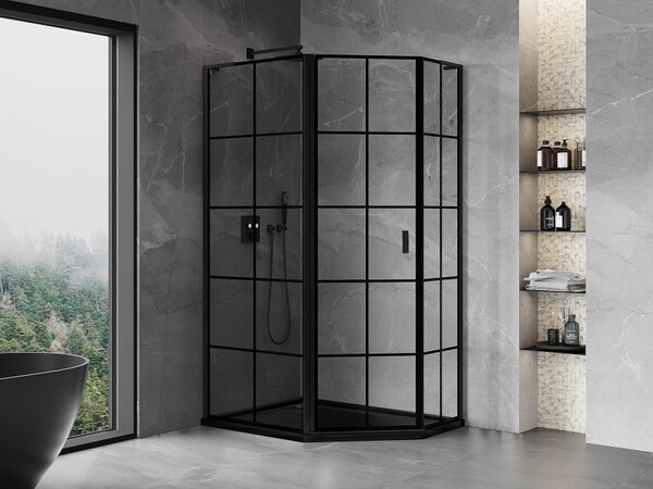 Mexen Mist L, pětiúhelníkový sprchový kout s křídlovými dveřmi, 100 x 80 cm, 8mm čiré sklo, černý profil, 8A8L-100-080-70-77-L