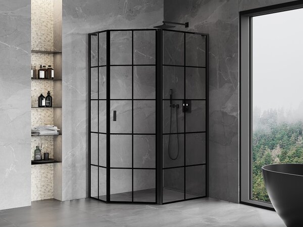 Mexen Mist L, pětiúhelníkový sprchový kout s křídlovými dveřmi, 100 x 80 cm, 8mm čiré sklo, černý profil, 8A8L-100-080-70-77-P