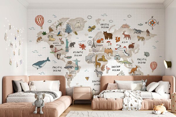 Fototapety Mapa světa se zvířaty a pamětihodnostmi, Fototapety mapy světa, w04011 : uwalls.cz