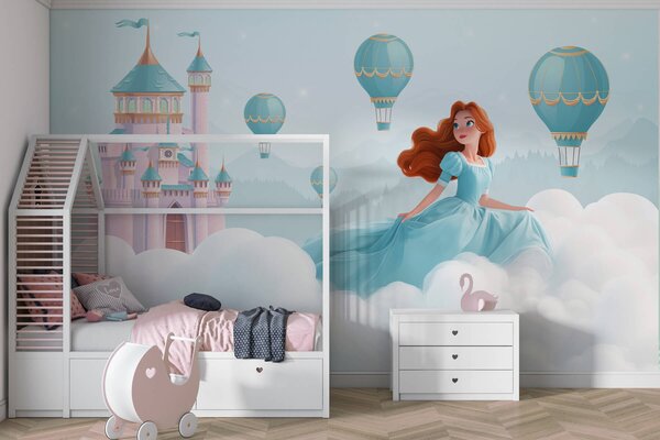 Fototapety Princezna mezi mraky na pozadí krajiny s hradem, Fototapety dětské, Fototapety balónová, w04015 : uwalls.cz