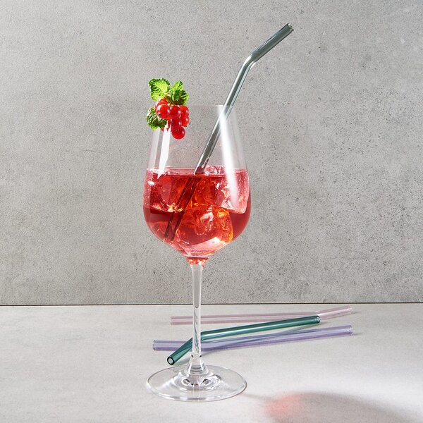 LONG DRINK Skleněná brčka zahnutá s kartáčkem na čištění set 5 ks - mix