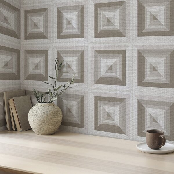 Tapety Geometrický trojrozměrný vzor v šedé a béžové barvě, Tapety skandinávské, a00187 : uwalls.cz