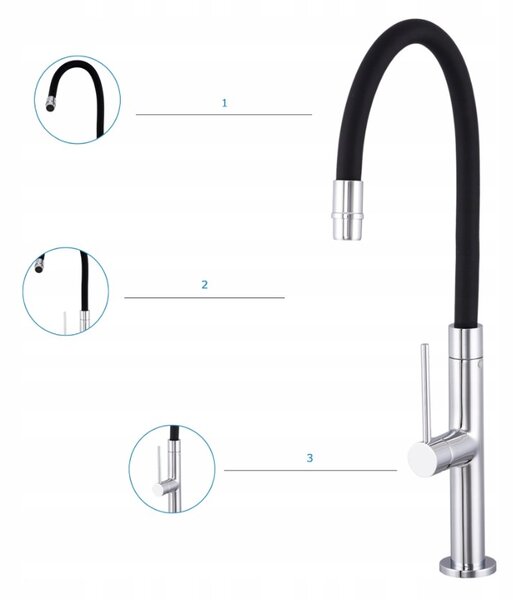 Gamma Flex Slim, vysoká kuchyňská baterie s elastickým ramenem h-480 mm, černá-chromová, GMA-BFXSL-CH
