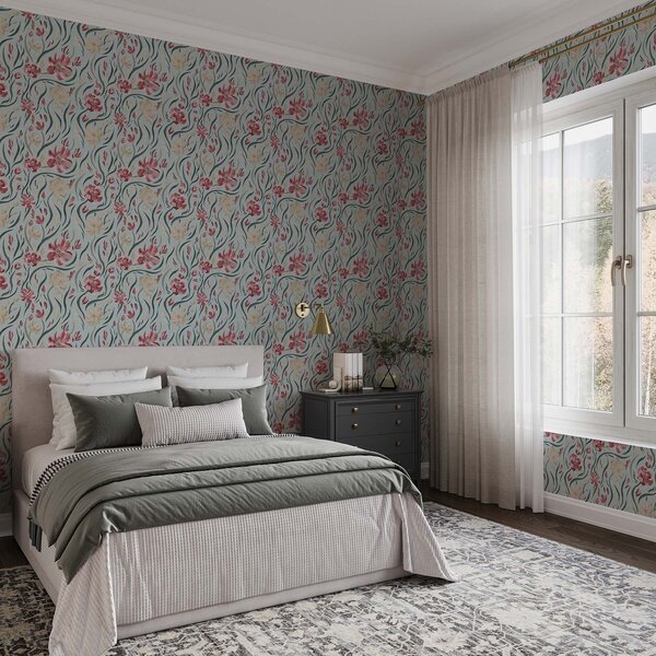 Tapety Akvarelové květiny na modrém pozadí, červený a béžový vzor, Tapety květiny, a00216 : uwalls.cz