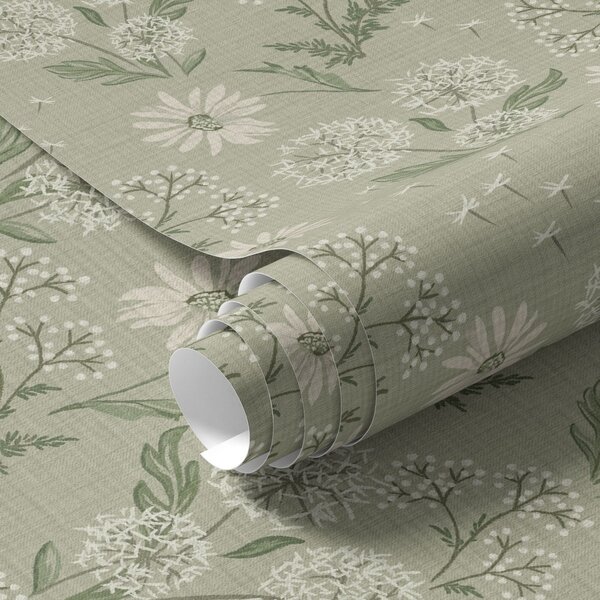 Tapety Pampelišky a sedmikrásky, botanický vzor na šedozeleném pozadí, Tapety angličtina, a00224 : uwalls.cz