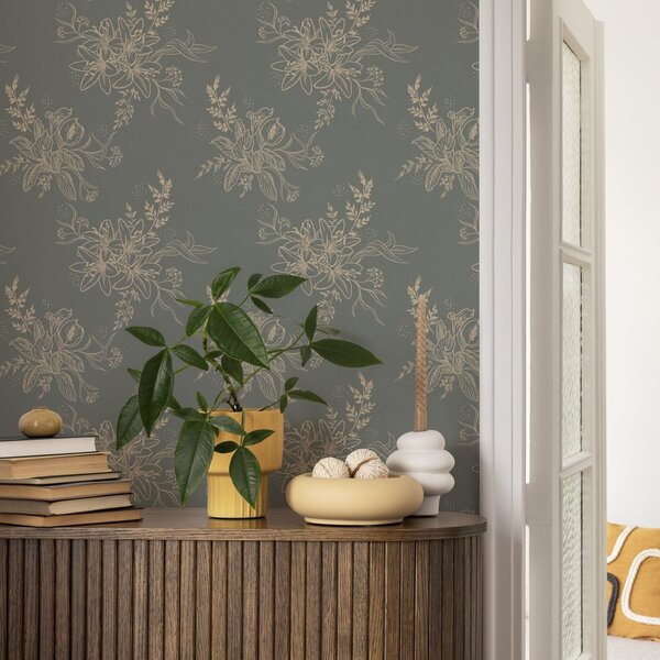 Tapety Obrysové květiny na modrošedém pozadí, elegantní botanický vzor, Tapety květiny, a00226 : uwalls.cz
