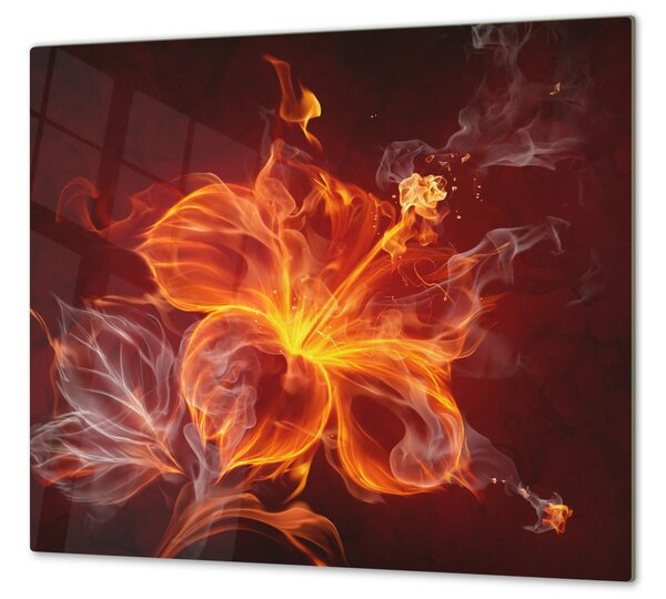 Ochranná deska na sporák sklo ohnivý květ - 52x60cm / S lepením na zeď