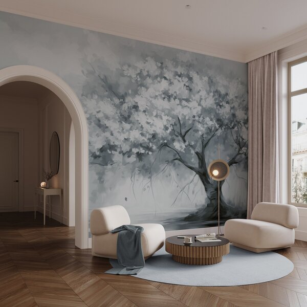 Fototapety Abstraktní tlumené modré květy stromu v plném květu, vedle řeky, jemné tahy, Fototapety les, Fototapety stromy, w09193v2 : uwalls.cz