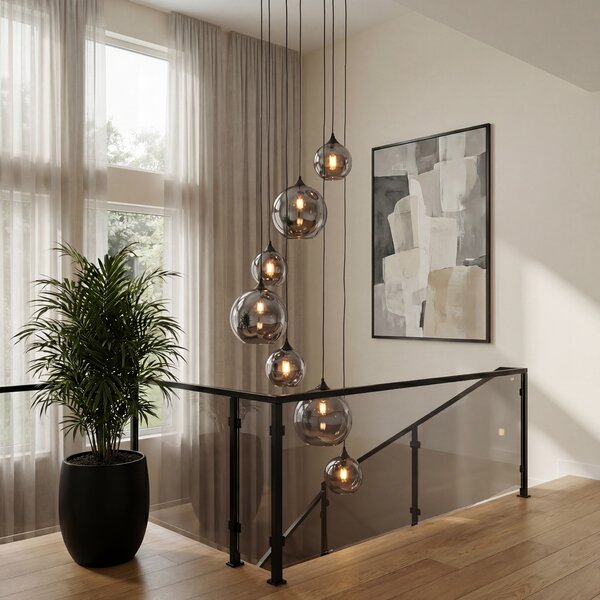 Závěsné svítidlo Art Deco černé s kouřovým sklem kulaté 7-světlo - Sandra