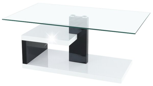 Konferenční stolek, MDF + čiré sklo, bílá / černá s extra vysokým leskem HG, LARS