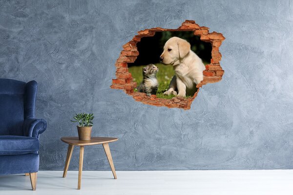 Díra 3D fototapeta nálepka Pes a kočka na louce nd-c-38411802
