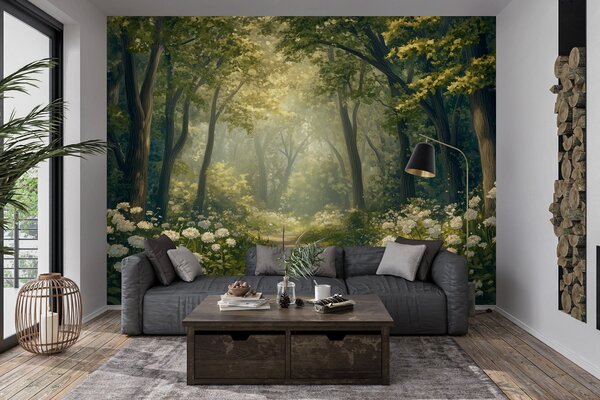 Fototapety Cesta v zeleném lese, bílé květy, sluneční světlo, kresba akrylem, Fototapety příroda, w04119 : uwalls.cz