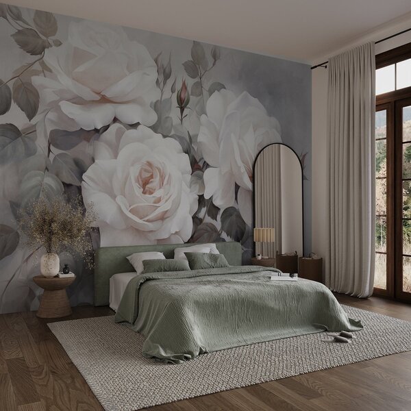 Fototapety Texturované bílé růže s listy a stonky, jemné tlumené pastelové barvy, elegantní vintage styl ,, Fototapety květiny, w09198 : uwalls.cz