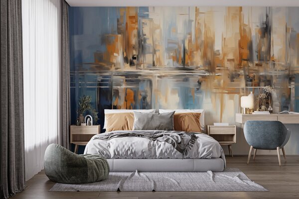 Fototapety Abstraktní texturovaná městská krajina s vysokými budovami v odstínech oranžové, modré a bílé,, Fototapety abstraktní, w09207 : uwalls.cz