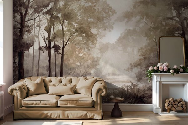 Fototapety Texturovaná lesní krajina, stromy s béžovými a hnědými listy, pastelová paleta barev, Fototapety příroda, w09210 : uwalls.cz