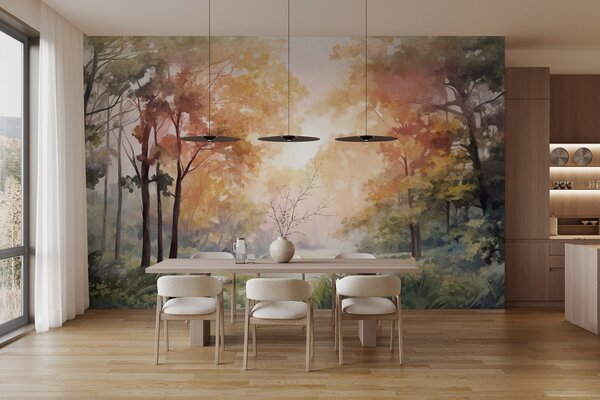 Fototapety Texturovaná lesní krajina, stromy s oranžovými a zelenými listy, pastelová paleta barev, Fototapety příroda, w09210v1 : uwalls.cz