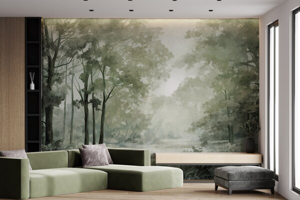 Fototapety Texturovaná lesní krajina, stromy se zelenými listy, pastelová paleta barev, Fototapety příroda, w09210v2 : uwalls.cz