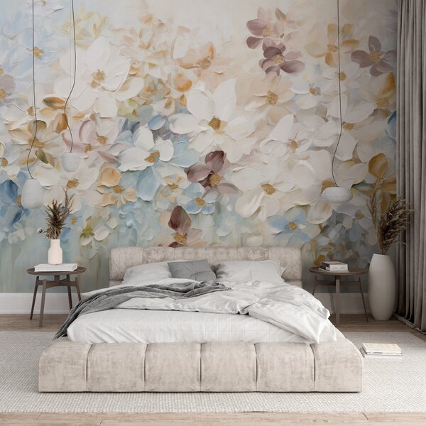 Fototapety Olejomalba imitující květinovou zahradu s bílými, modrými a oranžovými květy, jemné tahy, Fototapety květiny, w09236v1 : uwalls.cz