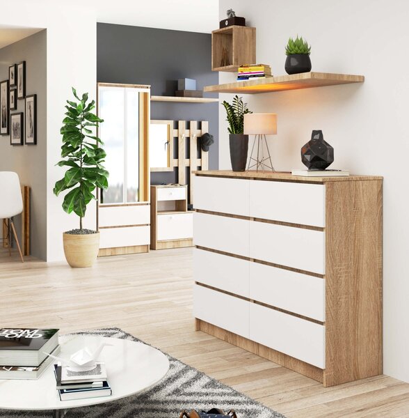 Ak furniture Komoda Kuba 120 cm 8 šuplíků dub sonoma/bílá