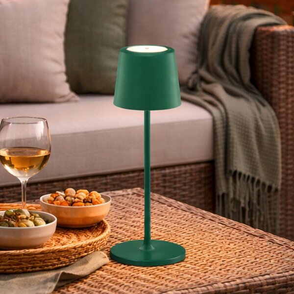 Brilliant LED stolní lampa Kaami na akumulátor, zelená, výška 37 cm, IP44, stmívatelné., stmívatelný, Zelená, Obývací pokoj / jídelna, kov, Moderní