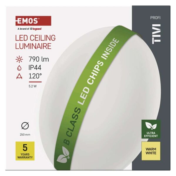 EMOS LED přisazené svítidlo TIVI, B CLASS, kruhové bílé 5,2W, IP44, teplá bílá