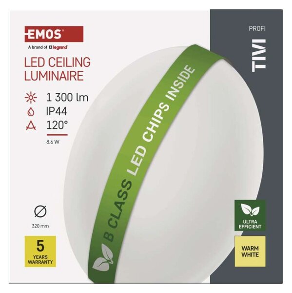 EMOS LED přisazené svítidlo TIVI, B CLASS, kruhové bílé 8,6W, IP44, teplá bílá