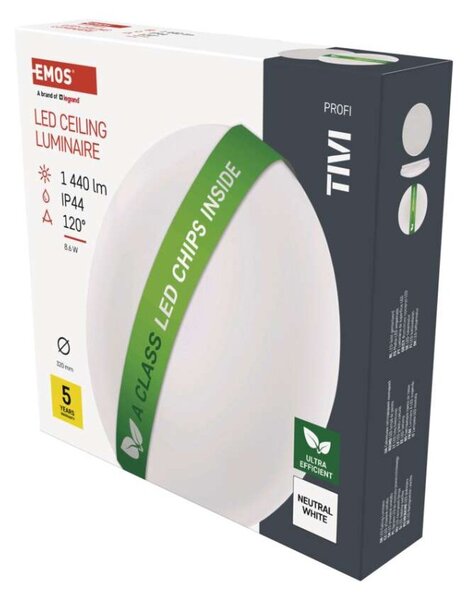 EMOS LED přisazené svítidlo TIVI, A CLASS, kruhové bílé 8,6W, IP44, neutrální bílá