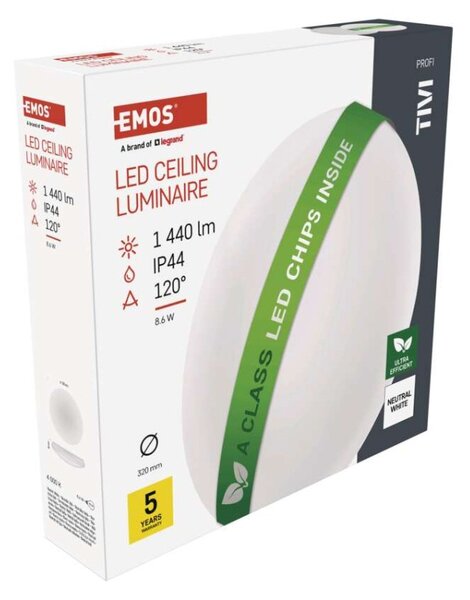 EMOS LED přisazené svítidlo TIVI, A CLASS, kruhové bílé 8,6W, IP44, neutrální bílá