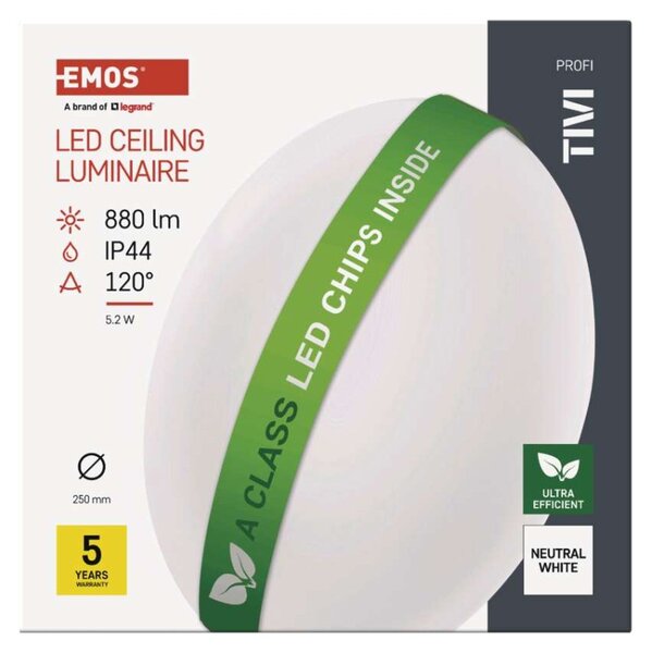 EMOS LED přisazené svítidlo TIVI, A CLASS, kruhové bílé 5,5W, IP44, neutrální bílá