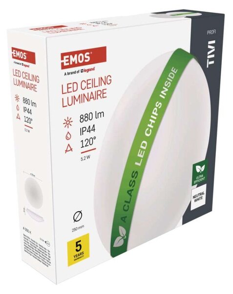 EMOS LED přisazené svítidlo TIVI, A CLASS, kruhové bílé 5,5W, IP44, neutrální bílá