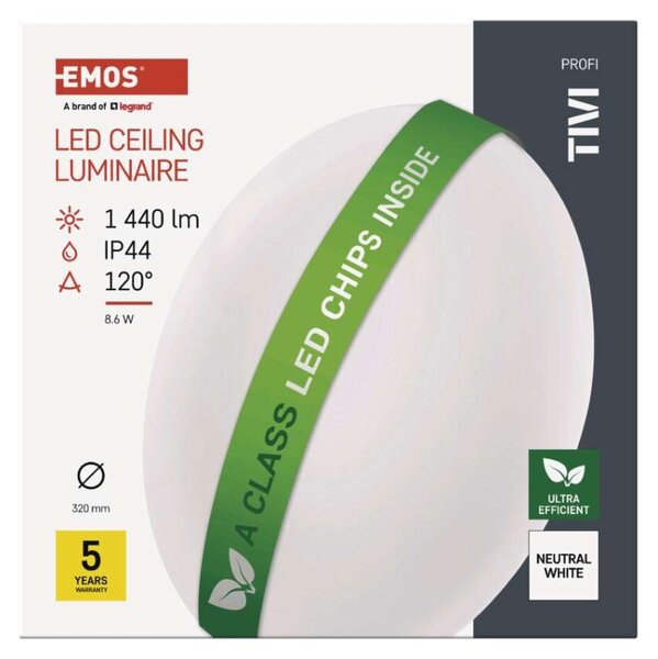 EMOS LED přisazené svítidlo TIVI, A CLASS, kruhové bílé 8,6W, IP44, neutrální bílá