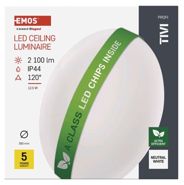 EMOS LED přisazené svítidlo TIVI, A CLASS, kruhové bílé 12,5W, IP44, neutrální bílá
