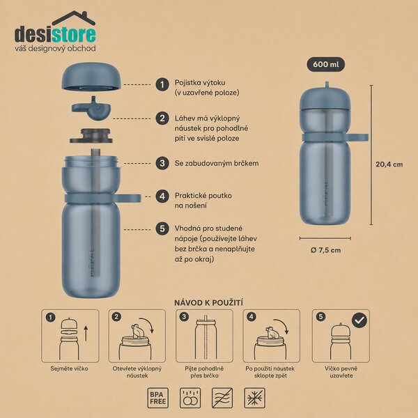 Sportovní láhev Flip, 600ml, Mepal, bílá